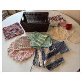 Basket, handmade wash cloths, scrubbies, hotpads
