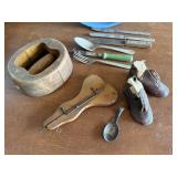 Primitives, silverware, baby shoes, rug shuttle,