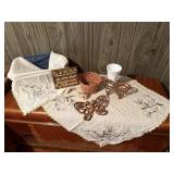 Embroidery table runners, butterflies, milk glass