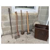 Storage bin, pry bar, axe, sledge hammers