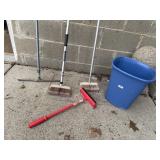 Trash bin, scrub brushes, squeegee