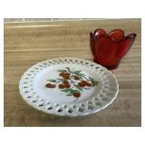 Hand painted cherry milk glass plate, red tulip