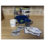 Blue enamel pot, Coachmen memorabilia, mugs,