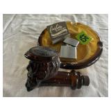 Amber glass ashtray, pipe cologne bottle,