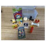 Novelty toys, Pokemon, baseball cards, Smurf toy,