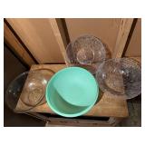 Glass Pyrex mixing bowl, Tupperware, plastic