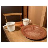 Pyrex myugs, napkin holder, divided plate