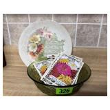 Green bowl, seeds, advertising calendar plate