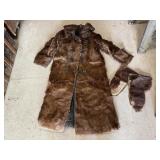 Fur trench coat, mittens, storage tote included