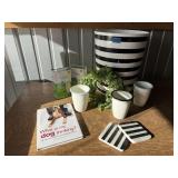 Decor, dog book, greenery, coasters