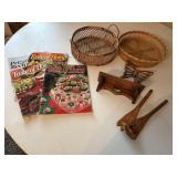 Taste of Home magazines, baskets, wooden shelf,