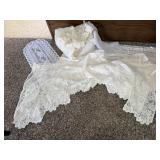 Lace curtains, doilies, storage tote included