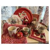Vintage apron, Christmas mugs, tray, ornaments,