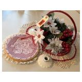 Christmas doilies, metal candlesticks, poinsettia