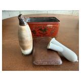 Tobacco tin, pipes, leather cigar pouch