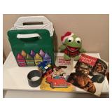 Crayola lunchbag, Santa Kermit the Frog toy,