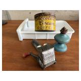Chocolate Cream coffee can, hand grater, oil lamp