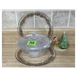 Holiday plates, covered candy dish, Christmas