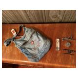 Embroidered denim purse, tape measure, souvenir