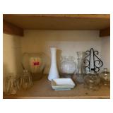 Floral, milk glass vases, pottery, metal wall