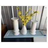Teal tray, white pillar candlesticks, floral vase