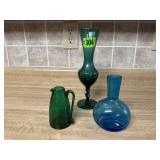 Green, teal vases, pitcher