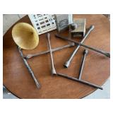 Tire irons, shifter knob, funnel, vintage cotter