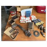 Hy-Vee coffee can, mixed lot of hardware, spark