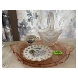 Pink cherry blossom depression glass platter,