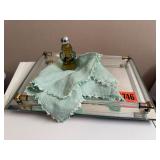 Mirrored vanity tray, handkerchiefs, perfume