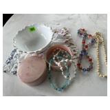 Milk glass bowl, handkerchiefs, vintage powder