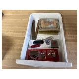 Money clip, tape measures, lapel pins, tie
