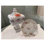 Tablecloth, French Limoge saucer, compote dish