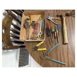 Box of hand tools, pliers, screwdrivers, hammer,