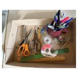 Office supplies, tape, scissors, writing utensils