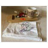 Embroidered towel, cutting board, mug, farm decor,