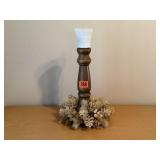 Vintage wooden candle holder, milk glass votive
