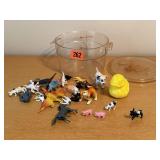 Toy animals, yellow duck, dinosaurs