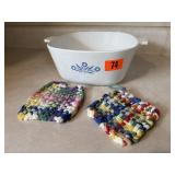 Corningware dish, hand woven hot pads