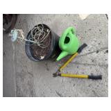Watering can, pet stake, pruners