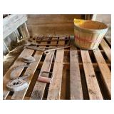 Bushel basket, hay pick, irons, horseshoe, hand