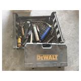 Assorted hand tools, empty DeWalt box, grease
