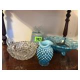 Teal glassware, candle, candy dish
