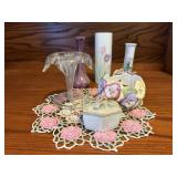 Floral vases, trinket box, candle holder, doilie