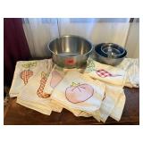 Stainless bowls, flour sack towels