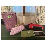Metal bin of vintage clutches, wallet