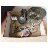 Sifter, cookie cutters, can strainer, utensils