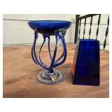 Polish cobalt glass candle holder, square vase