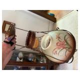 Copper hanging light fixture, floral shade
