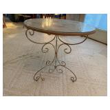 Wire table base, wood round, glass top